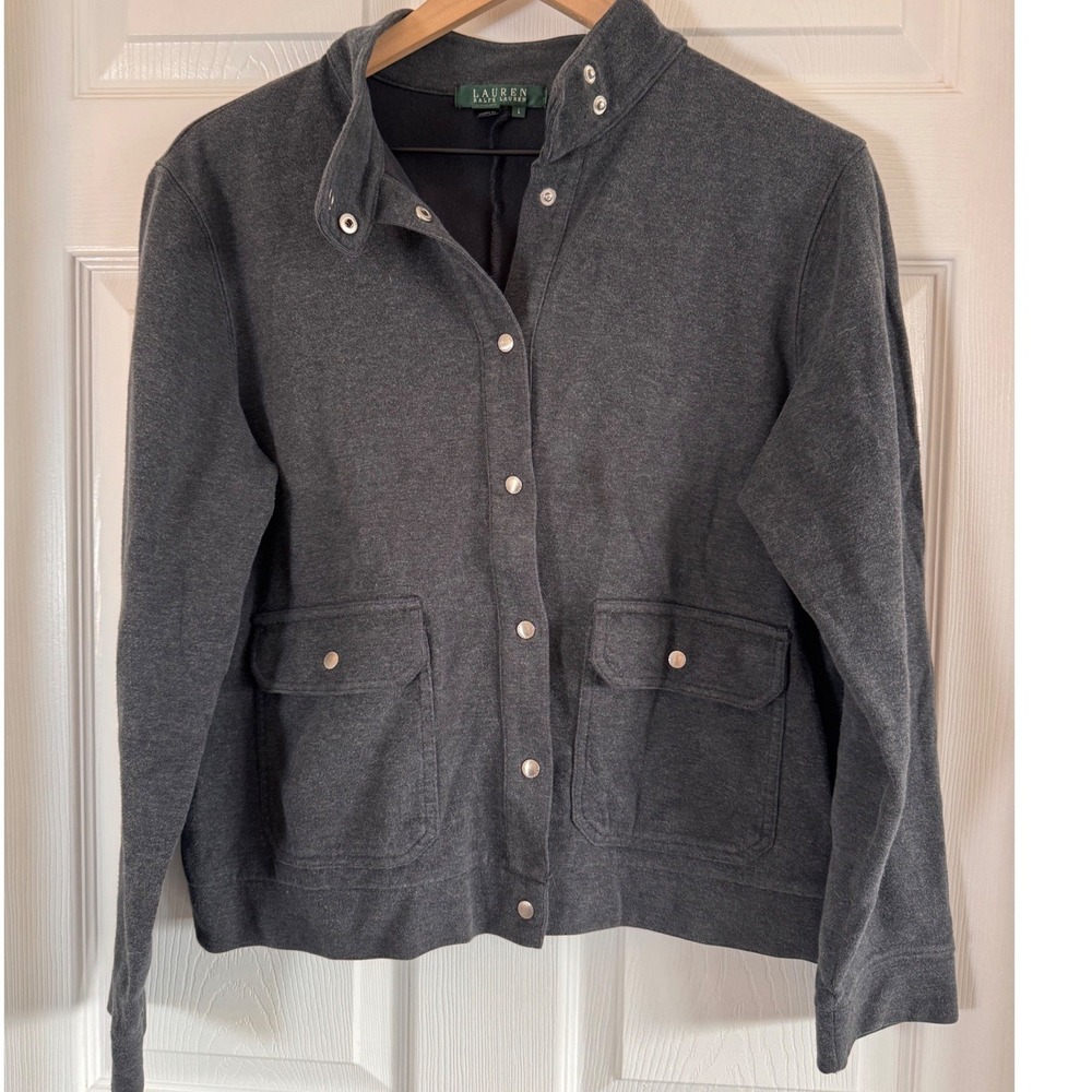 Lauren Ralph Lauren Jacket Womens L Gray Snap Front Utility Mock Neck‎ NWOT